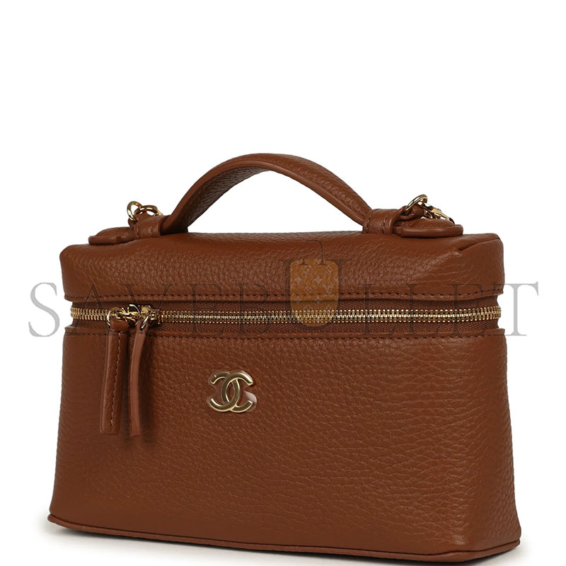 Ch**el MASTER GRAINED CALFSKIN TOP HANDLE SLIM VANITY CASE WITH CHAIN CAMEL CAMEL (19*12*5cm)